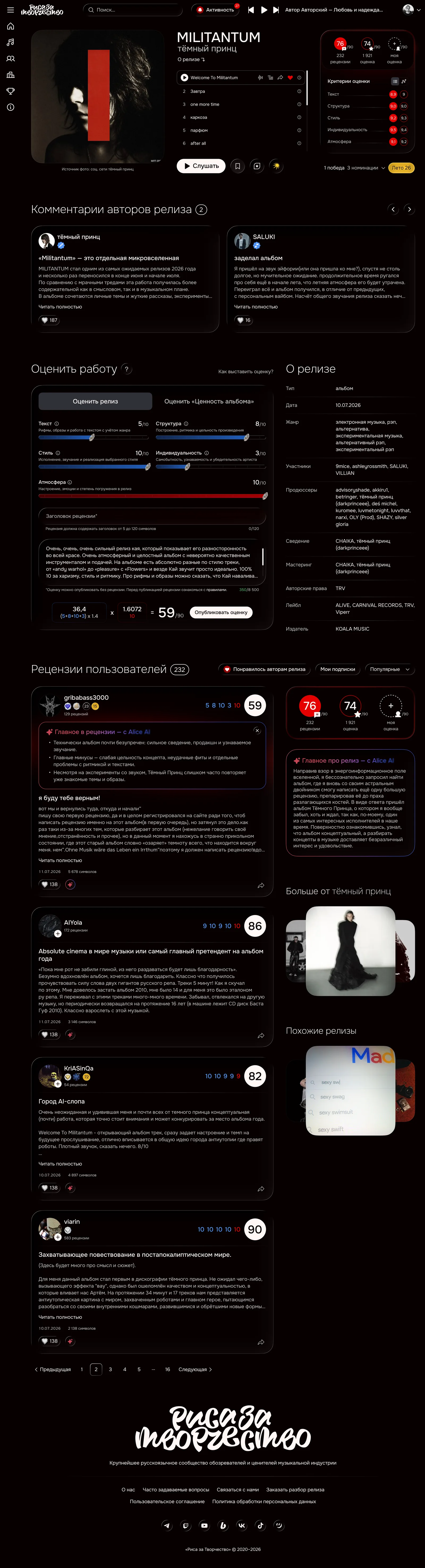 Новая страница релиза РЗТ с оценкой и рецензиями