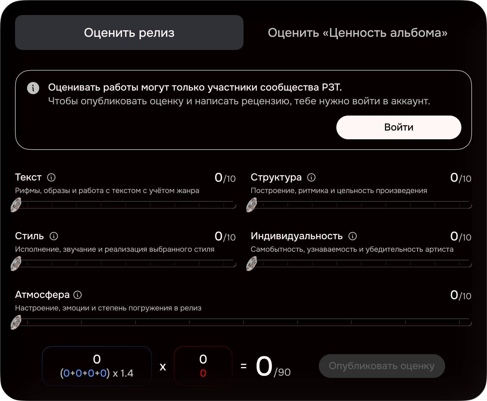 Без входа: плашка «Оценивать работы могут только участники сообщества РЗТ» и кнопка «Войти»