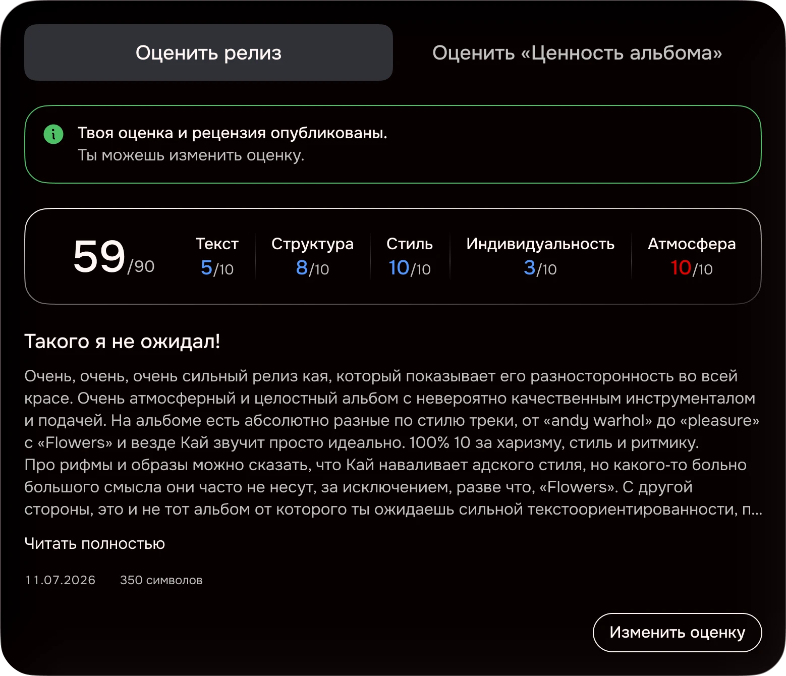 Оценка и рецензия опубликованы: итог по критериям, рецензия с кнопкой «Читать полностью» и кнопка «Изменить оценку»