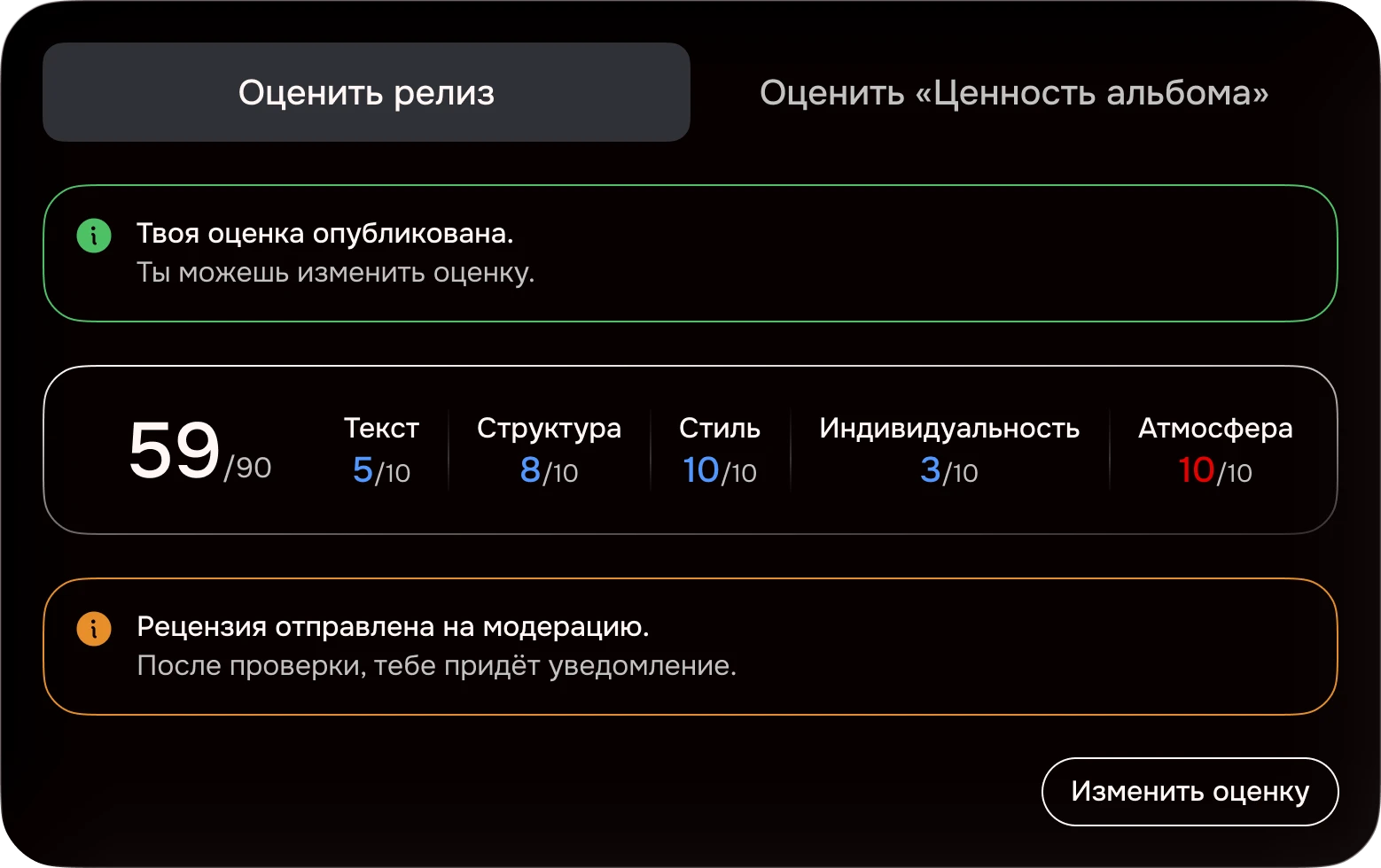 Рецензия на модерации: итог по критериям, плашка «Рецензия отправлена на модерацию» и кнопка «Изменить оценку»
